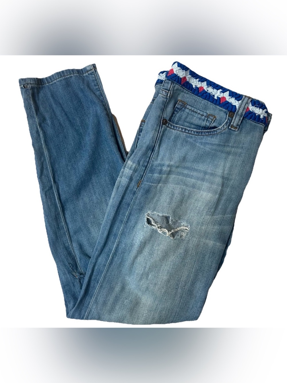 Artisan De Luxe Distressed Jeans 26 Denim Embroidered Waist Straight Boho Comfy